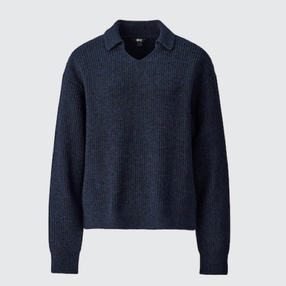 Uniqlo:C Mixed Yarn Polo Sweater Medium Navy Blue Cotton Wool Collared Ribbed